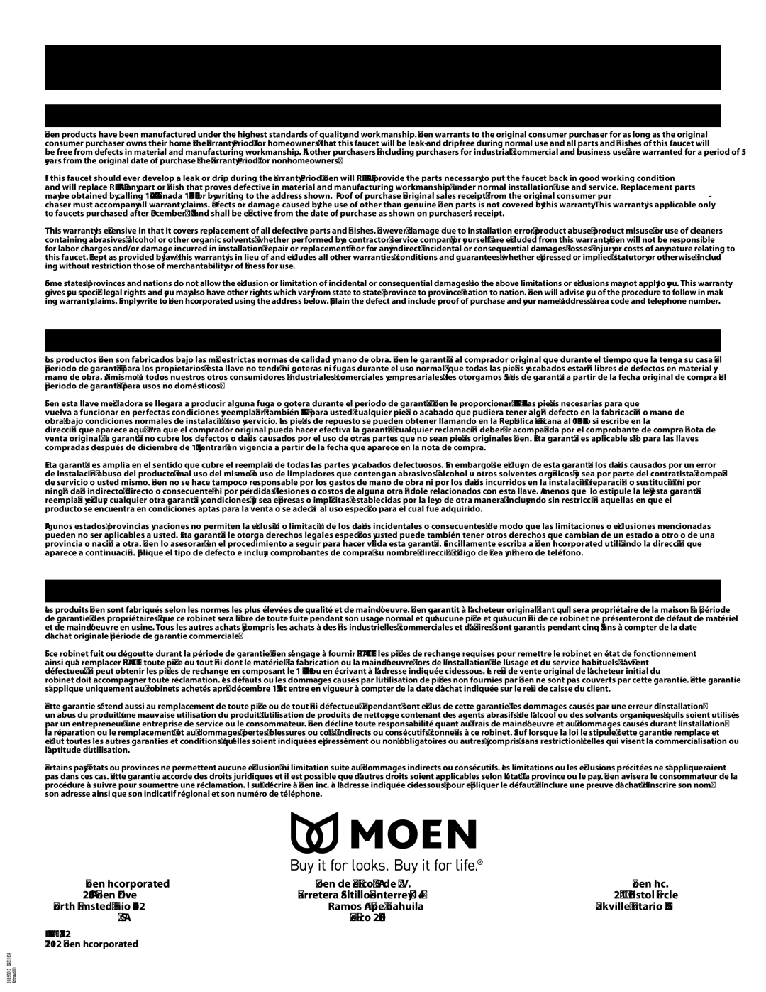 Moen INS10134-9 manual Moen Limited Lifetime Warranty 